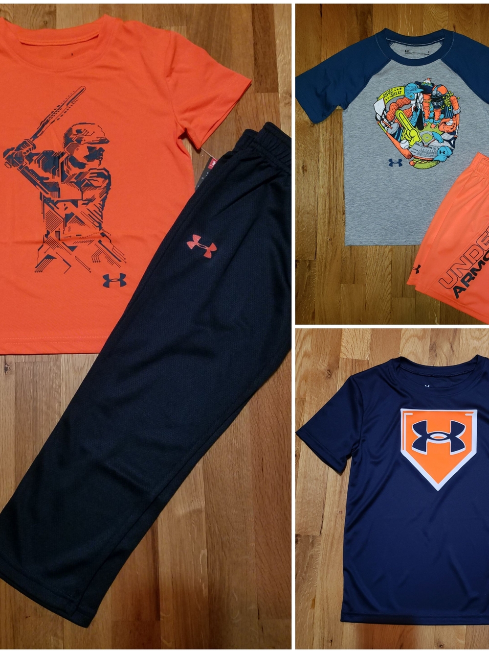 Under Armour Boys' Baseball Orange Navy Gray Athletic Set 5 PC Tees Pant Short